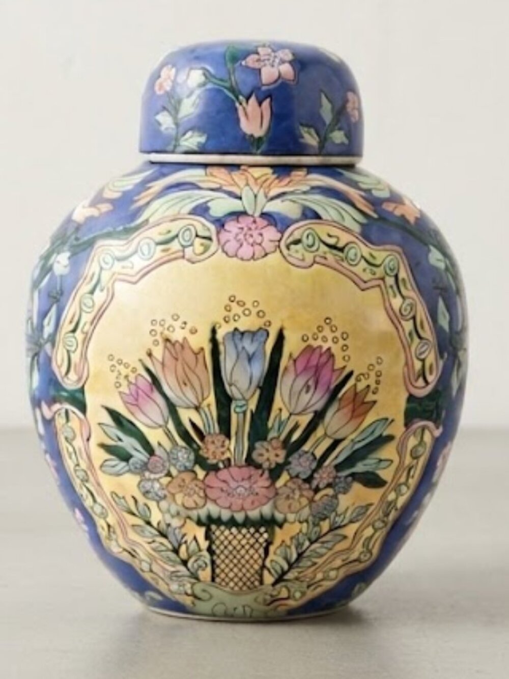 VTG Blue Floral Ginger Jar Urn w/Lid Hand Painted Macau Vase 10"Chinoiserie